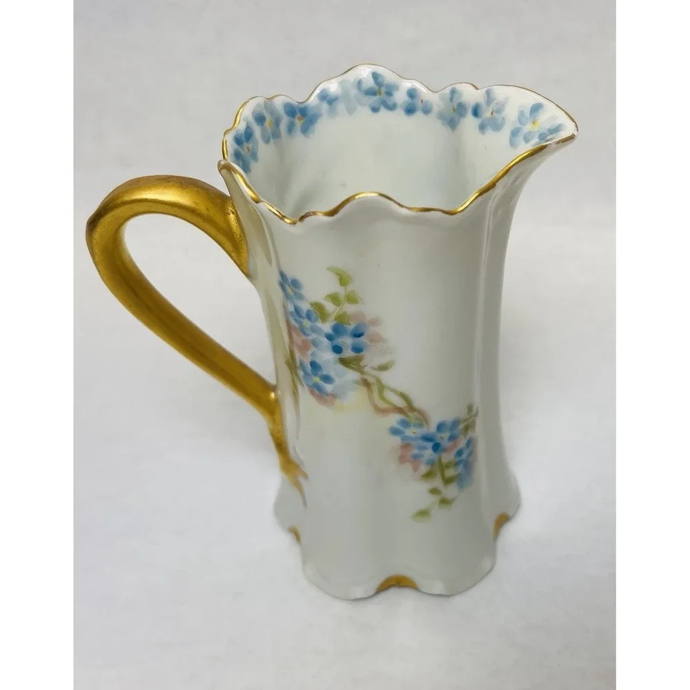 H&CO Haviland Limoges France Porcelain Creamer Blue Flowers Gold Trim Montgomery